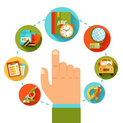 Hand pointing on education icons set studying elements concept vector illustration