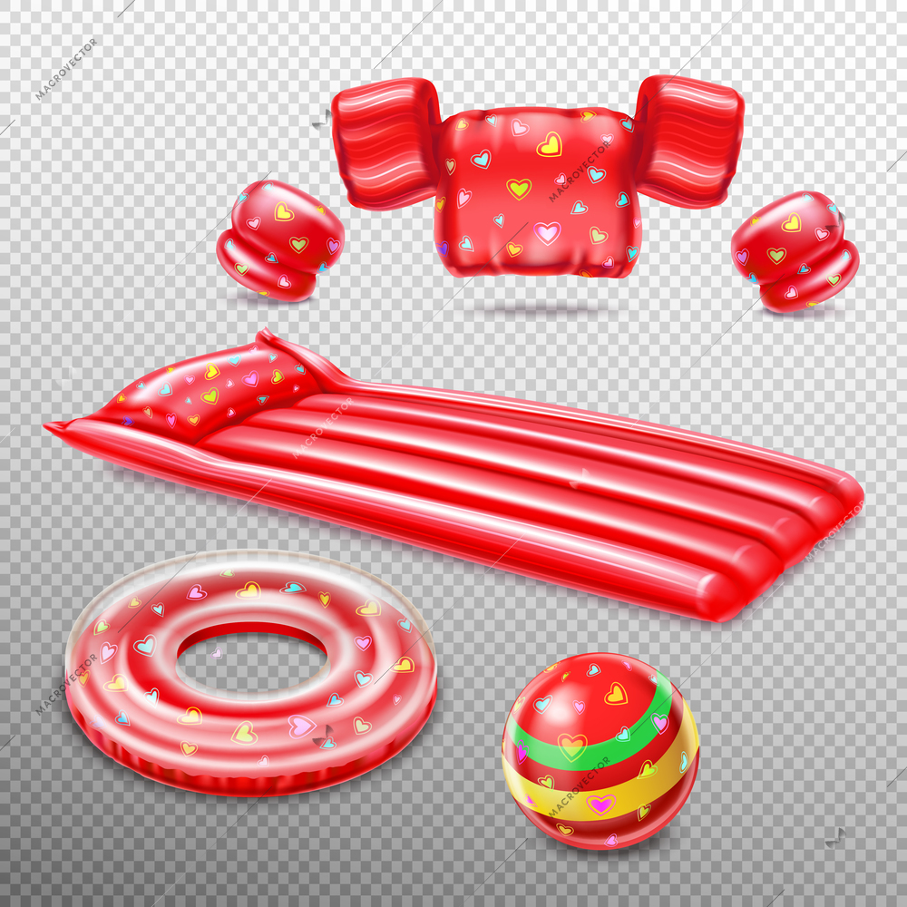 Inflatable swimming accessories in red color including  lifebuoy air mattress and ball isolated on transparent background realistic vector illustration