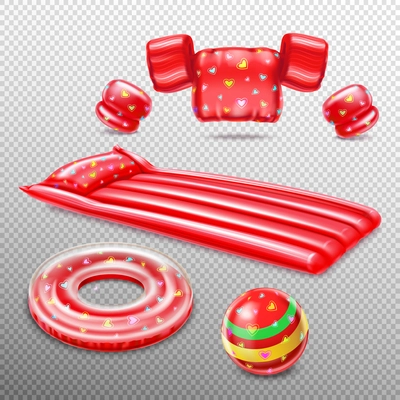 Inflatable swimming accessories in red color including  lifebuoy air mattress and ball isolated on transparent background realistic vector illustration