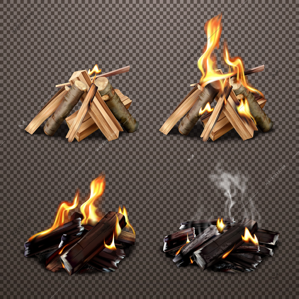 Four campfire stages of burning from wood to coal on transparent background realistic vector illustration