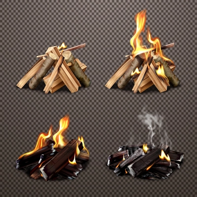 Four campfire stages of burning from wood to coal on transparent background realistic vector illustration