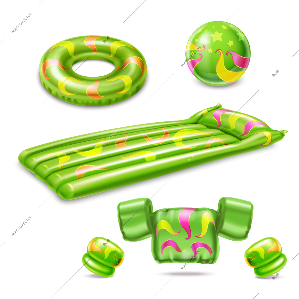 Swimming accessories green set of inflatable cuffs mattress ball life ring isolated on white background realistic vector illustration