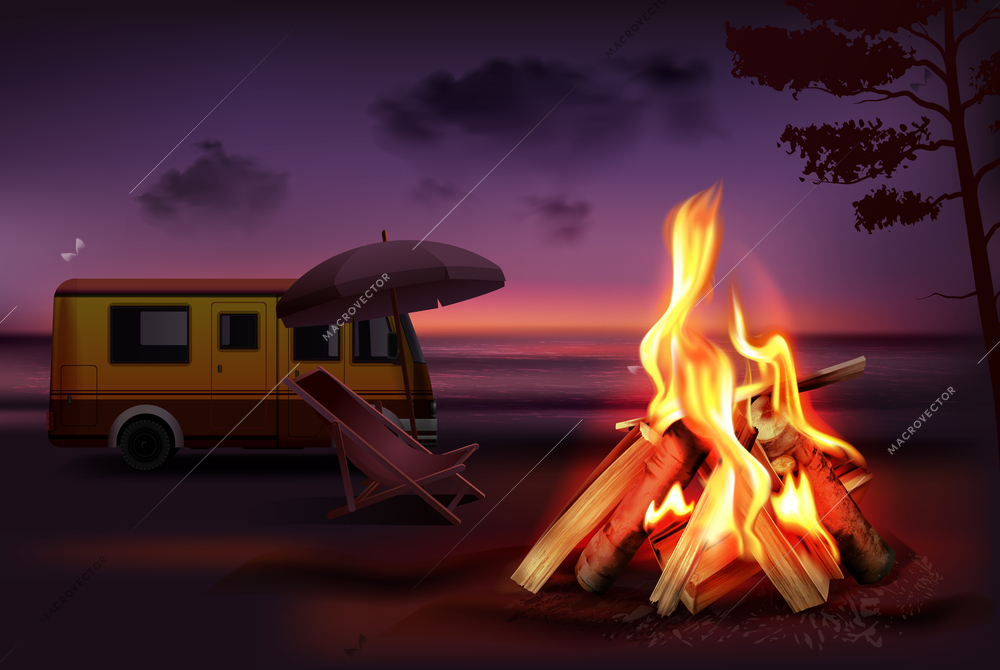 Overnight in nature realistic background with burning campfire van and items for rest vector illustration