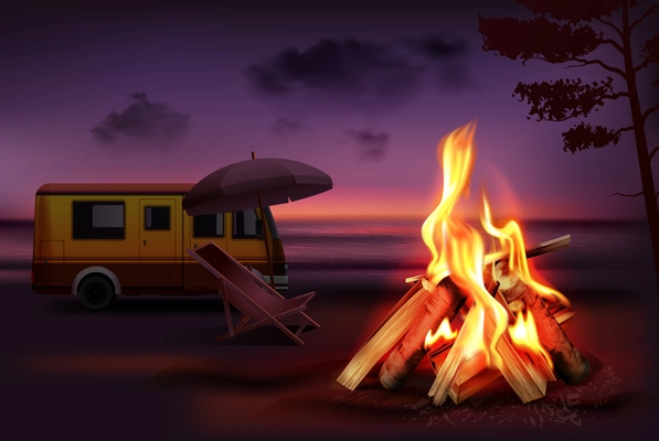 Overnight in nature realistic background with burning campfire van and items for rest vector illustration