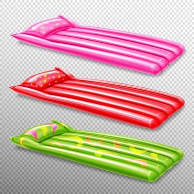 Colored realistic set of inflatable swimming air mattresses on transparent background isolated  vector illustration