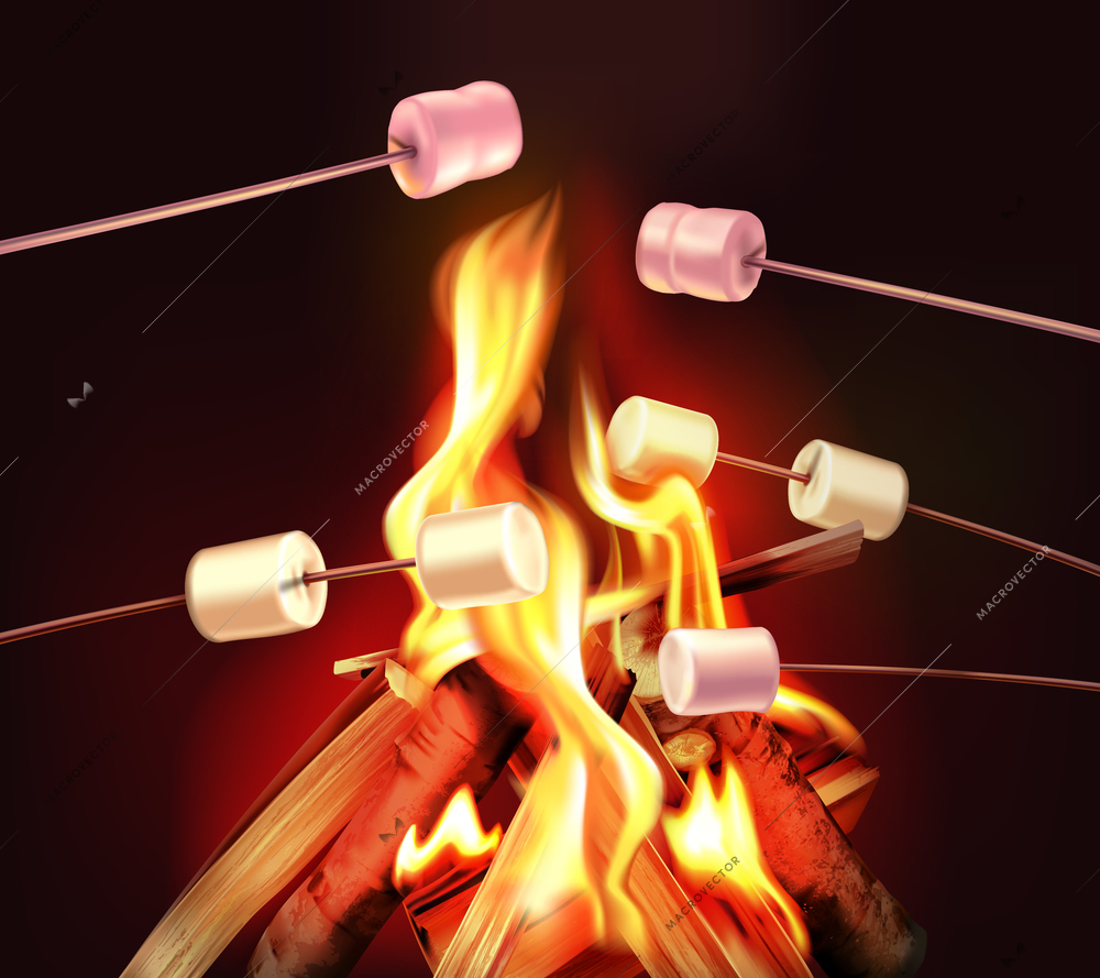 Campfire in dark night realistic background with bright flame on woodpile and wooden sticks with pieces of sausages vector illustration