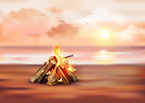 Evening marine landscape at sunset realistic composition with bonfire on sandy shore vector illustration