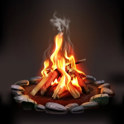 Burning wood campfire with orange flame surrounded by stones on dark background realistic vector illustration