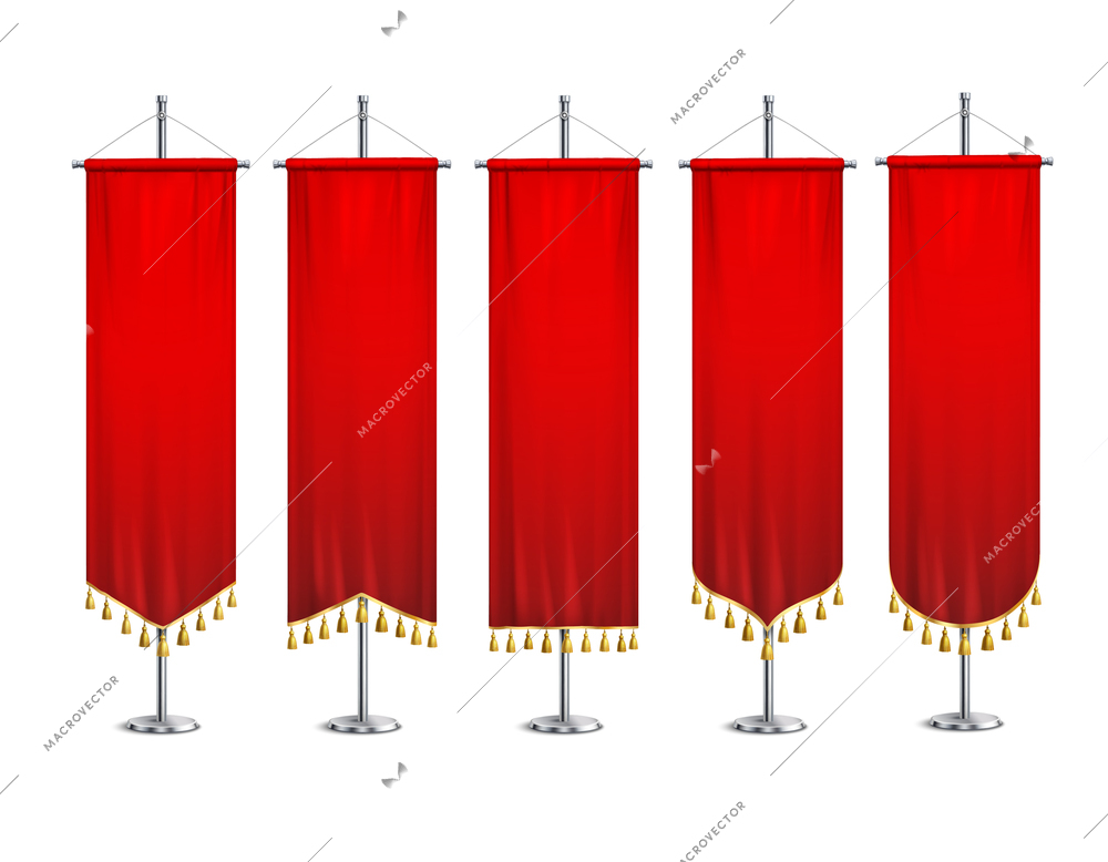 Five red pennants of different forms with gold tassels attached to metal pedestals realistic set isolated vector illustration