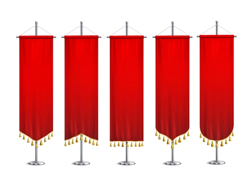 Five red pennants of different forms with gold tassels attached to metal pedestals realistic set isolated vector illustration