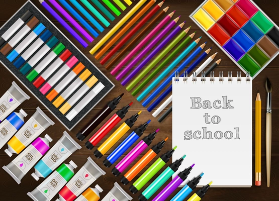 Back to school realistic background with colorful pencils markers crayons paints notepad brush on wooden table vector illustration