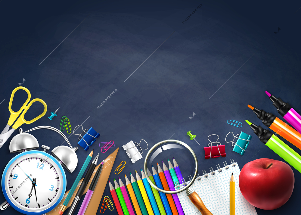 Back to school composition with stationary alarm clock apple on black chalk board background realistic vector illustration