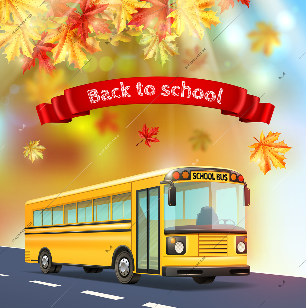 Back to school realistic background with yellow bus autumn leaves and text on red ribbon realistic vector illustration