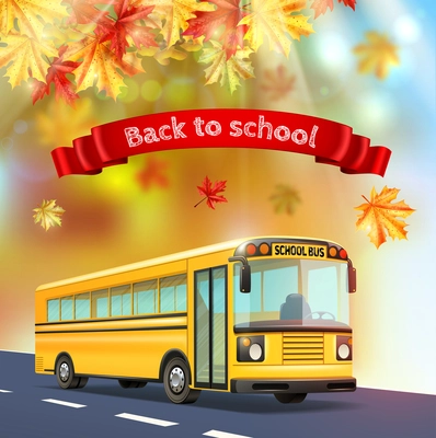 Back to school realistic background with yellow bus autumn leaves and text on red ribbon realistic vector illustration