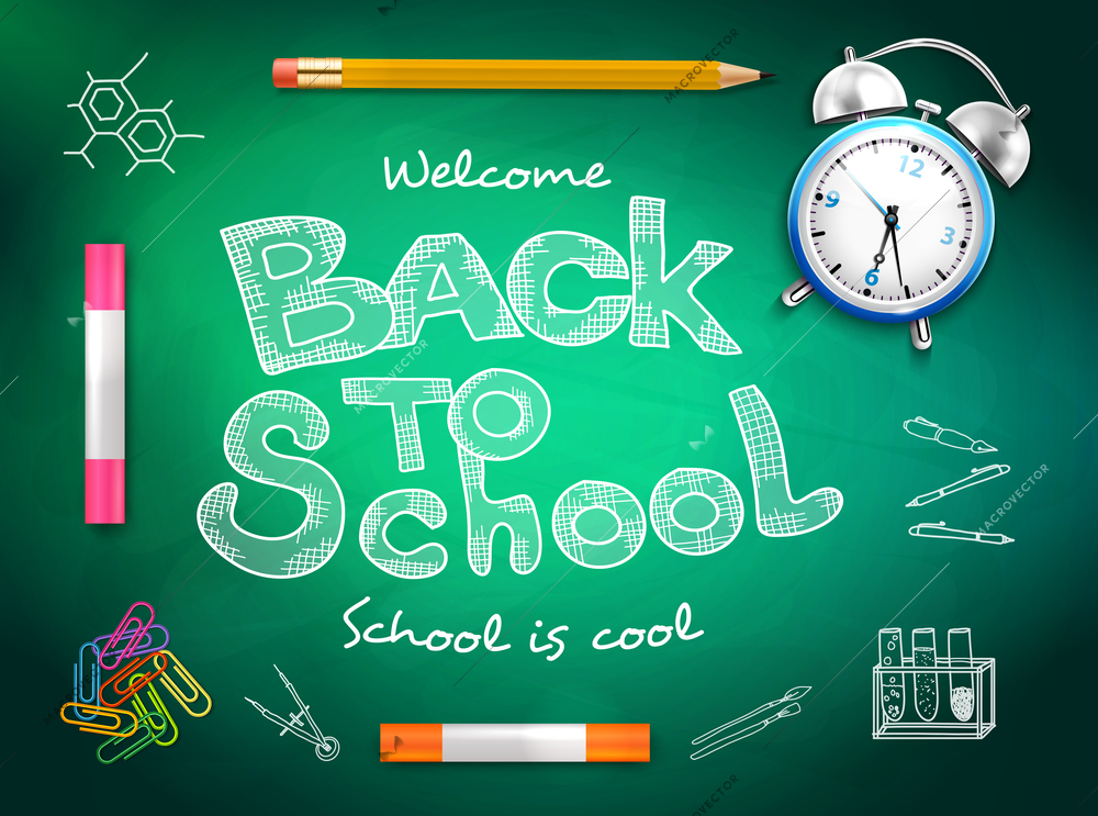 Back to school text crayons pencil paperclips alarm clock on green chalk board background realistic vector illustration