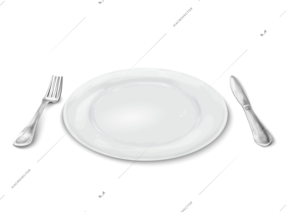 Empty white realistic dinner plate with knife and fork isolated on white background vector illustration