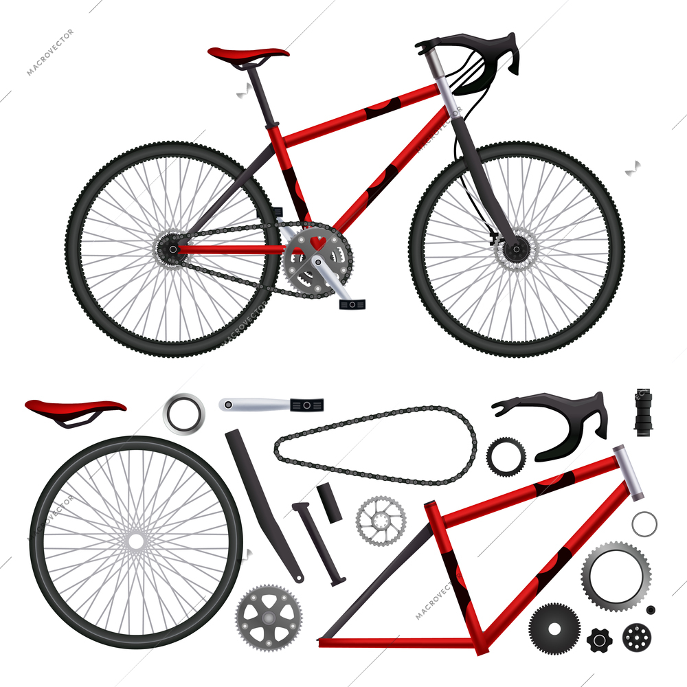 Realistic bicycle parts set of isolated bike elements and built-up model images on blank background vector illustration