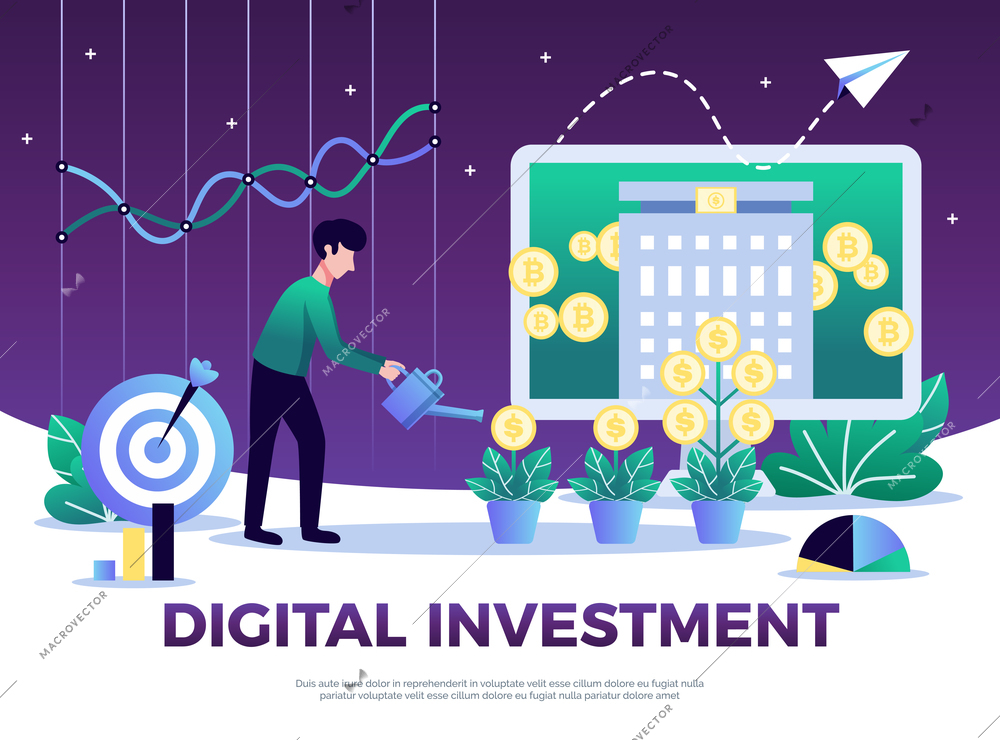 Digital investment composition with text and conceptual images of man watering money plants with computer screen vector illustration