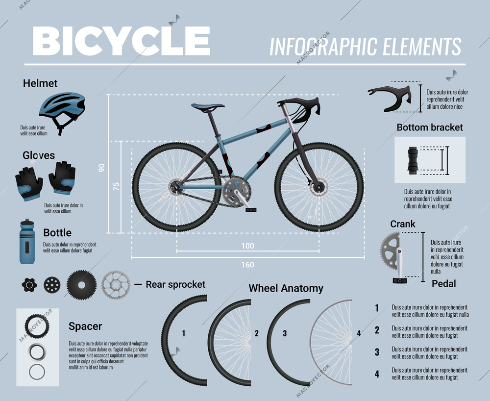 Bicycle parts infographics with realistic images of mtb bike with accessories and editable text tips captions vector illustration