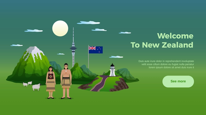New zealand horizontal banner with see more button editable text and images of landmarks and natives vector illustration