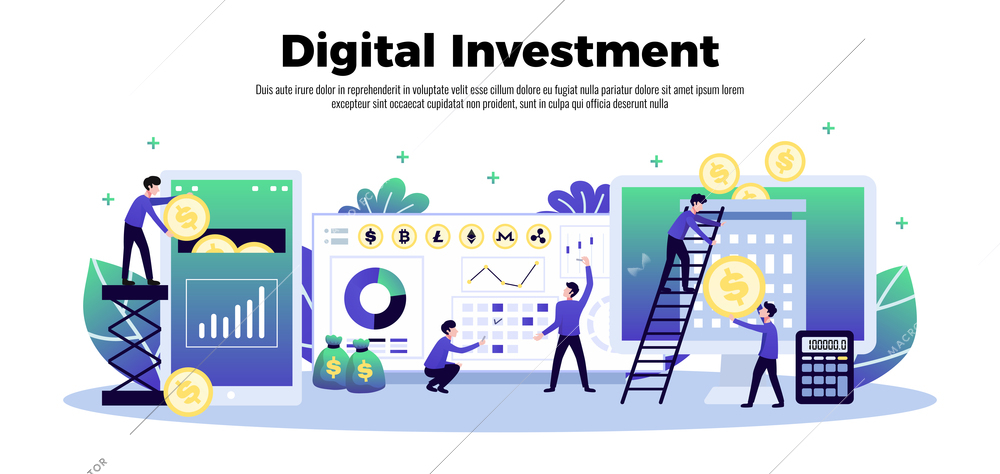 Digital investment horizontal composition with images of computer screens symbols and icons with people and text vector illustration