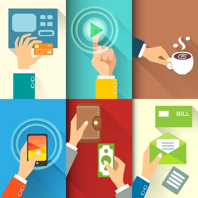Business hands in action, pay, buy, transfer money vector illustration