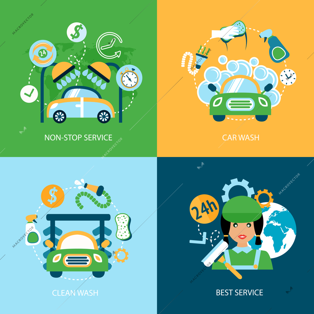 Business concept flat icons set of car wash best clean non stop auto service infographic design elements vector illustration