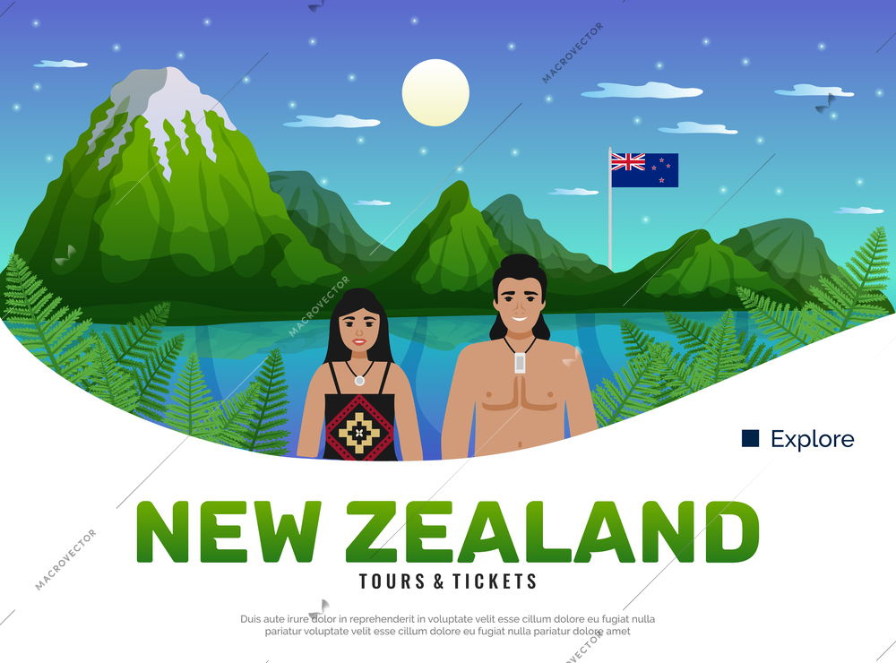 New zealand background with editable text description and doodle characters of natives in front of landscape vector illustration