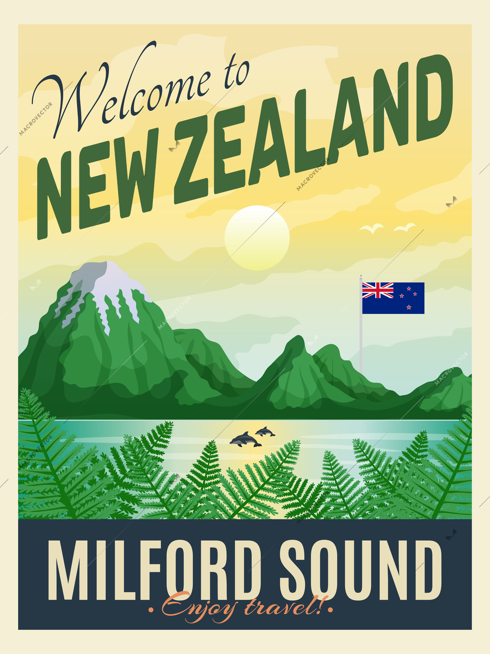 New zealand vertical poster with editable vintage style text and view of milford sound fiord landmark vector illustration