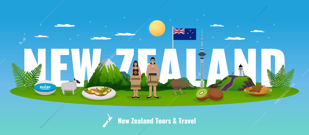 New zealand horizontal composition with big text behind elements of flora and fauna with native people vector illustration
