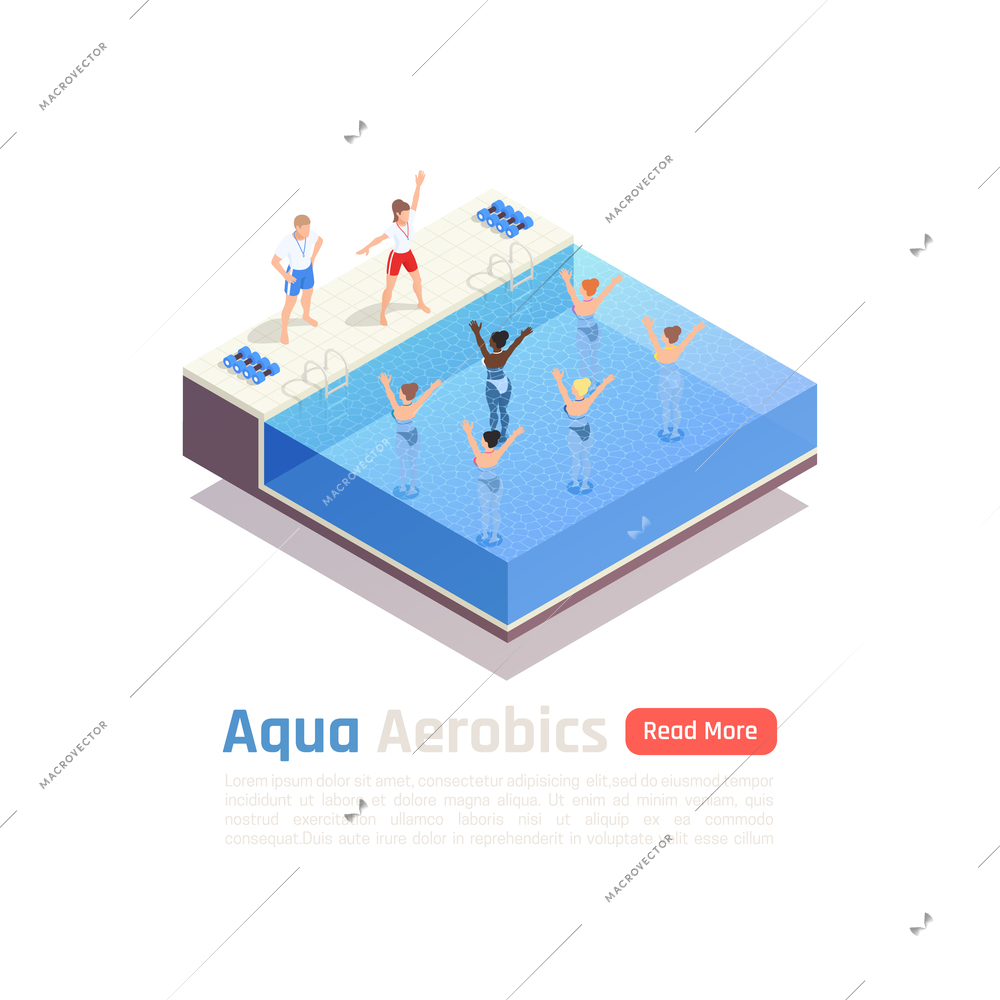 Water aqua aerobics group fitness lesson isometric composition with water immersed participants exercise with instructor vector illustration