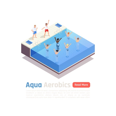 Water aqua aerobics group fitness lesson isometric composition with water immersed participants exercise with instructor vector illustration