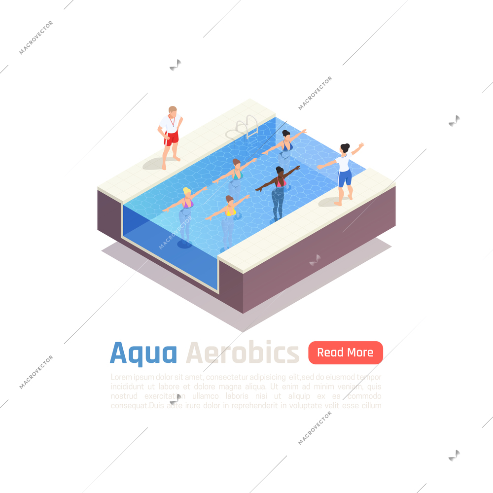 Aqua fitness exercise class isometric composition with water aerobics instructor training program in swimming pool vector illustration