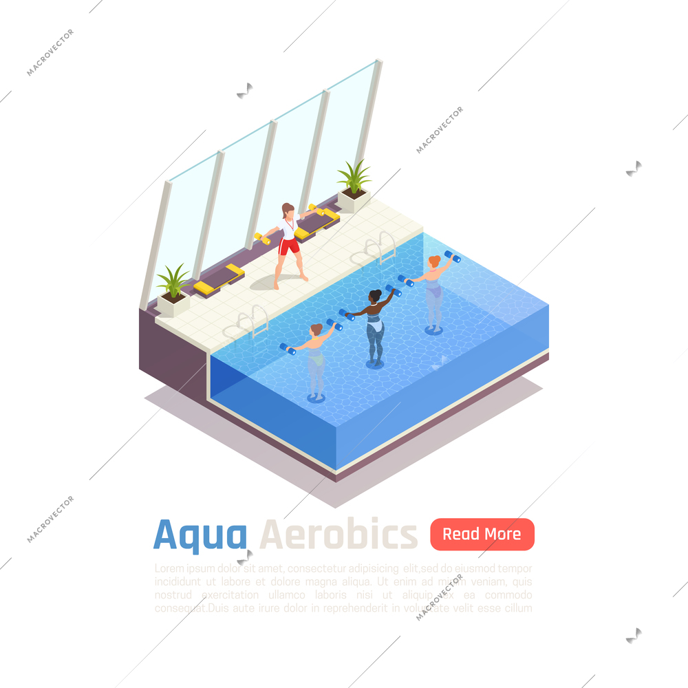 Water aerobic calories burning training isometric composition with aqua dumbbells exercise in modern swimming pool vector illustration