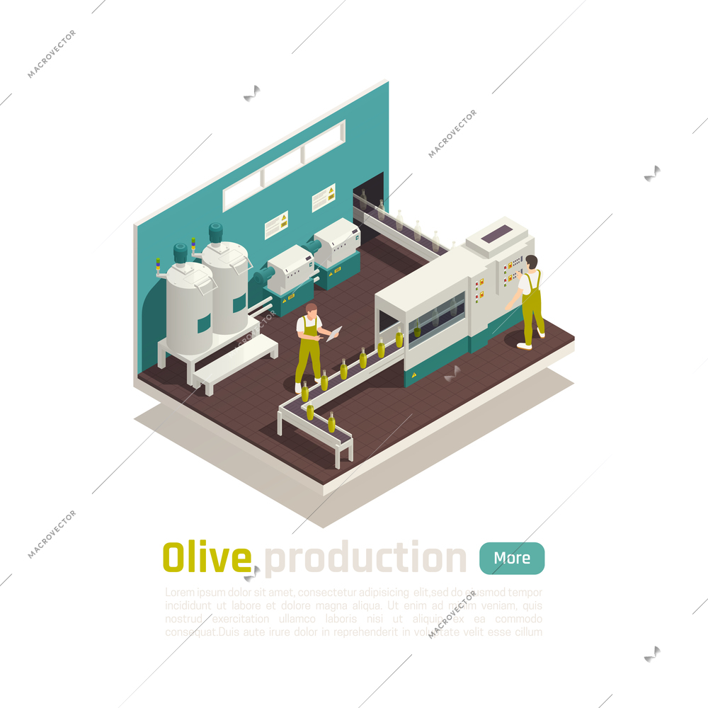 Olive oil production facility isometric composition with bottles filling machine automated line with conveyor belt vector illustration
