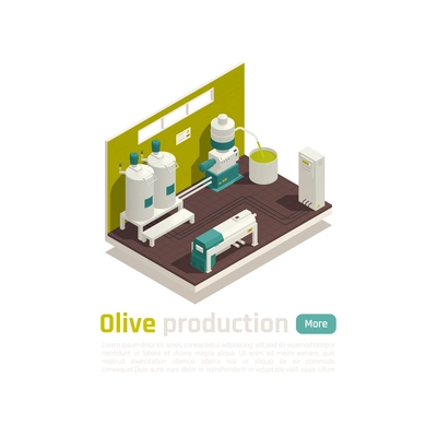 Olive oil production facility automated line isometric element with large capacity industrial centrifuge extraction method vector illustration