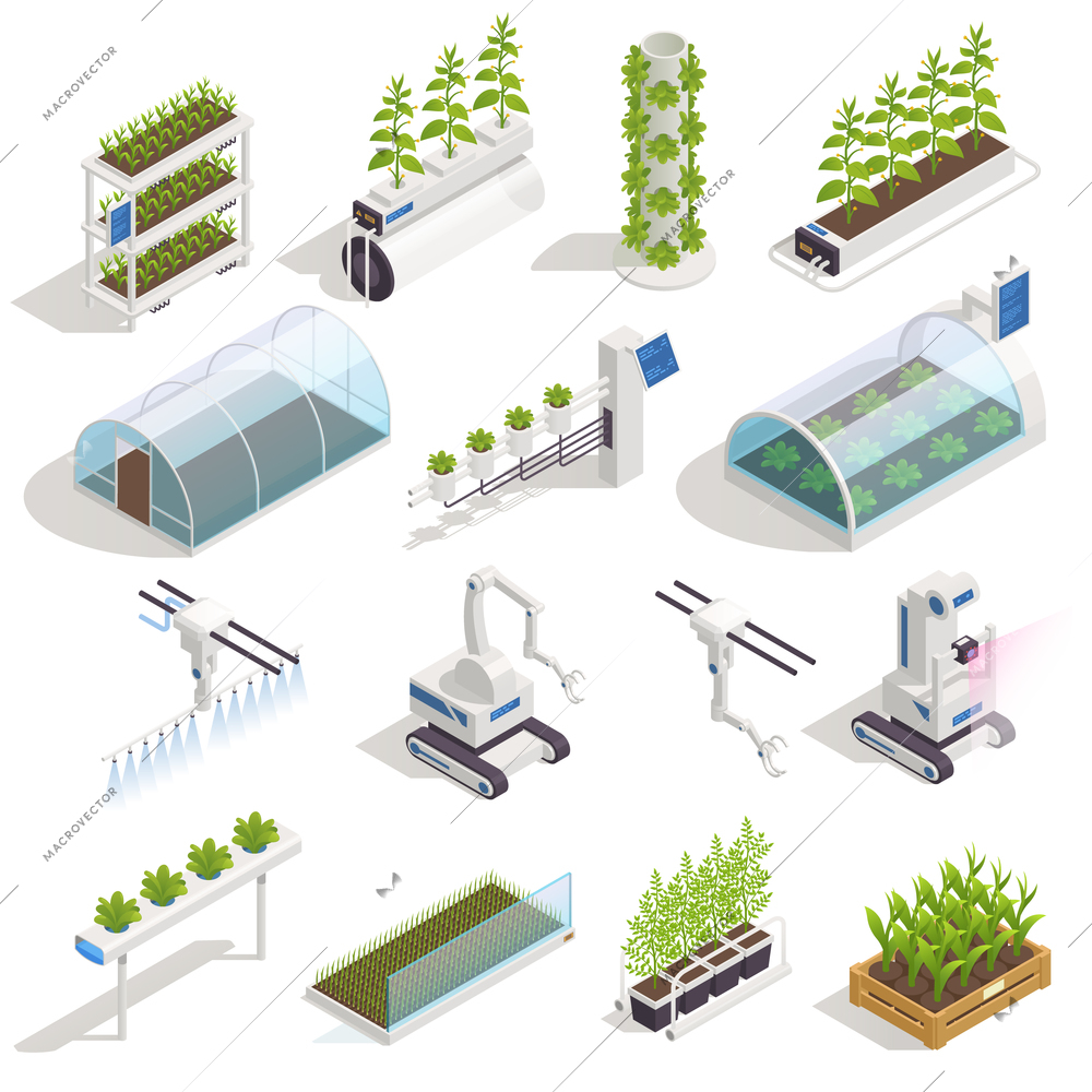 Modern green house isometric elements with automated hydroponics and aeroponic smart garden beds robotic assistant vector illustration