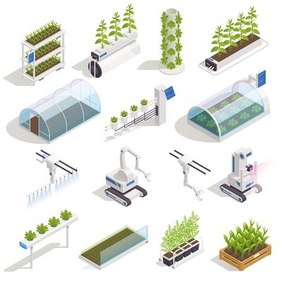 Modern green house isometric elements with automated hydroponics and aeroponic smart garden beds robotic assistant vector illustration