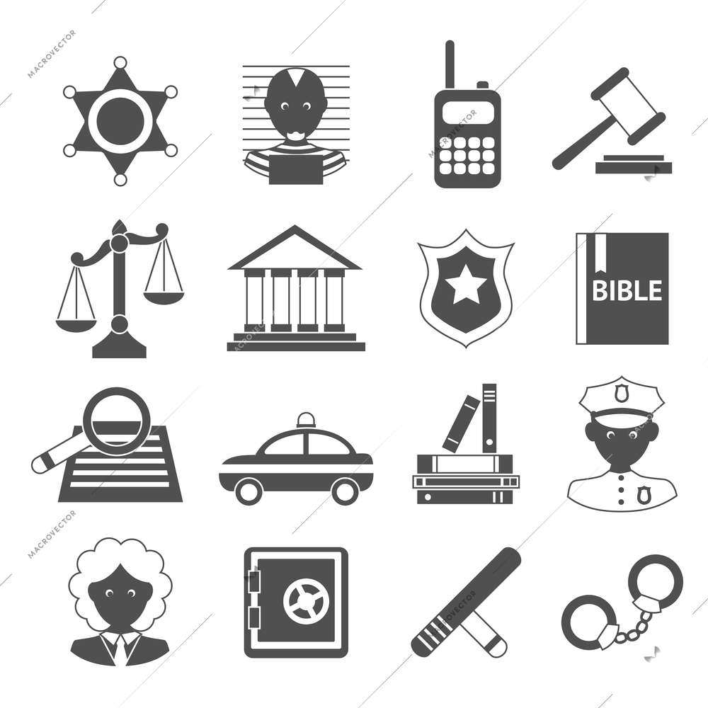 Law legal justice judge police and legislation black and white icons set isolated vector illustration