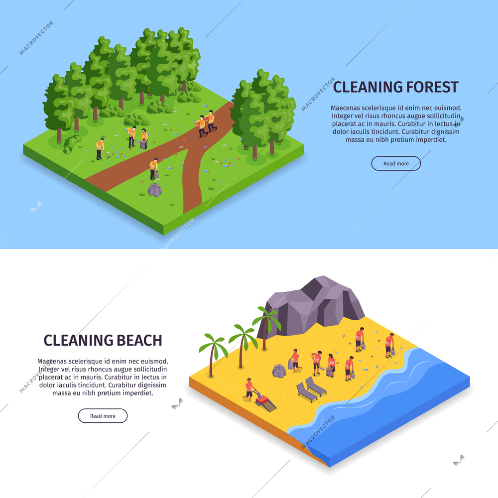 Two isometric garbage horizontal banner set with cleaning forest and cleaning beach headlines vector illustration