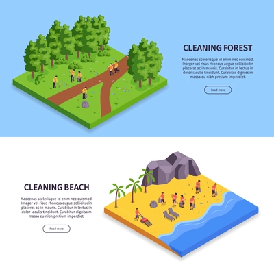 Two isometric garbage horizontal banner set with cleaning forest and cleaning beach headlines vector illustration