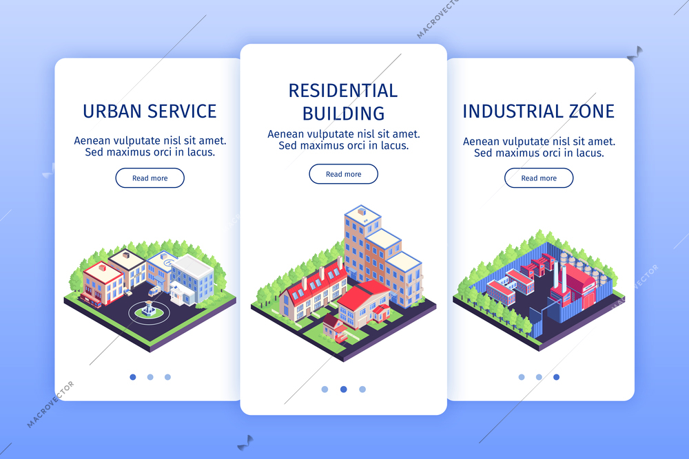 Isometric urban vertical banner set urban service residential building and industrial zone descriptions vector illustration