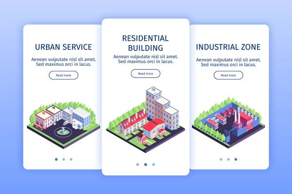 Isometric urban vertical banner set urban service residential building and industrial zone descriptions vector illustration