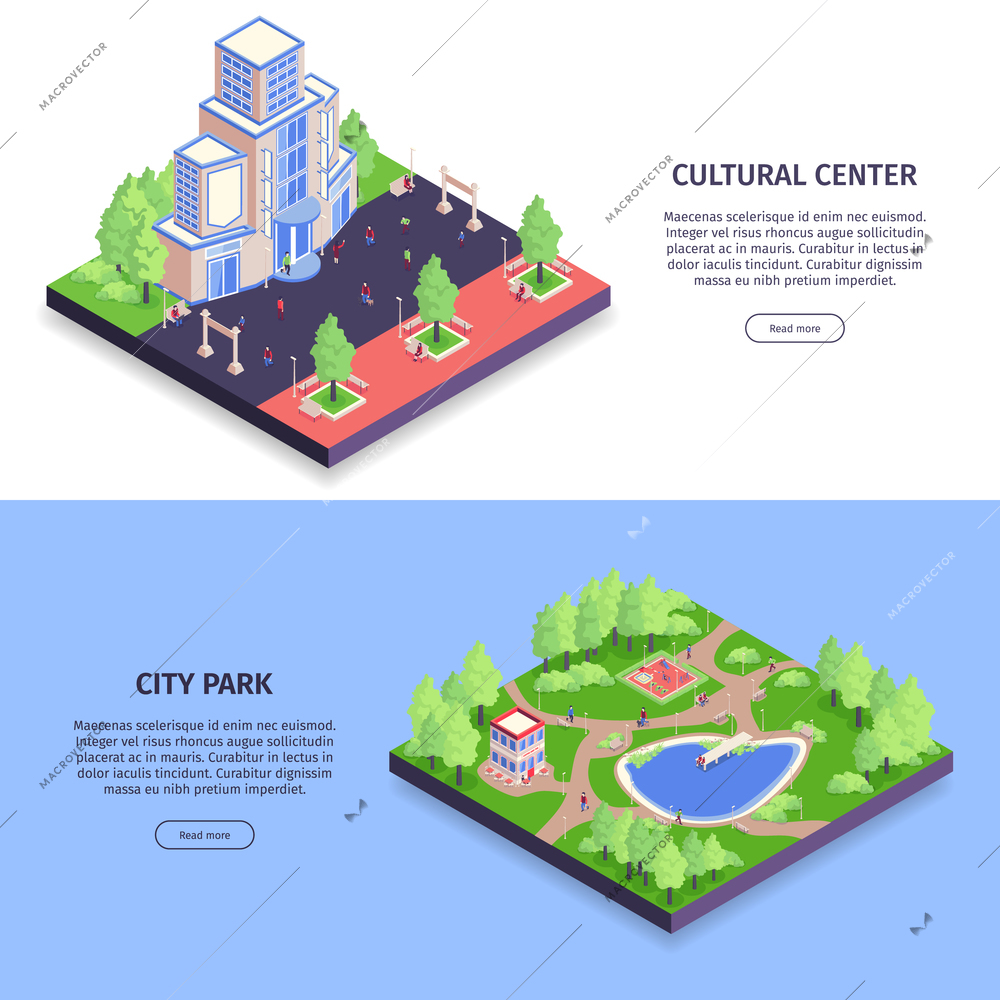 Two isometric urban horizontal banner set with cultural center and city park descriptions vector illustration