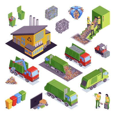 Isometric garbage recycling icon set with sorting and pressing garbage containers and trucks vector illustration