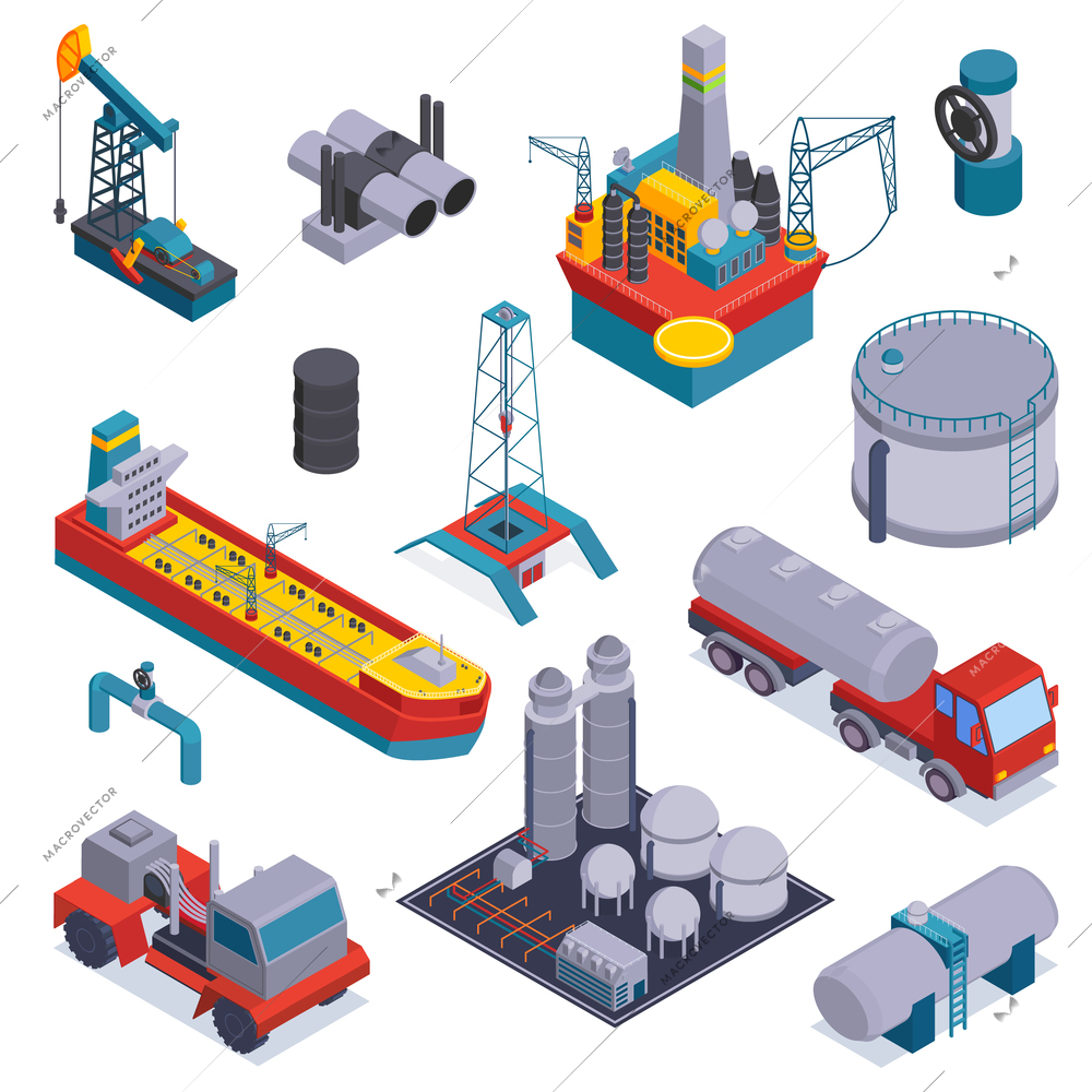 Colored and isometric oil petroleum industry icon set with trucks warehouse and equipment vector illustration