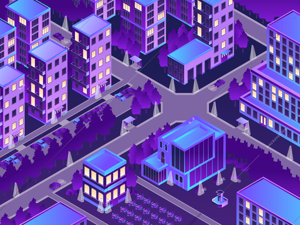 Colored and isometric urban night illustration with night lights in the city vector illustration