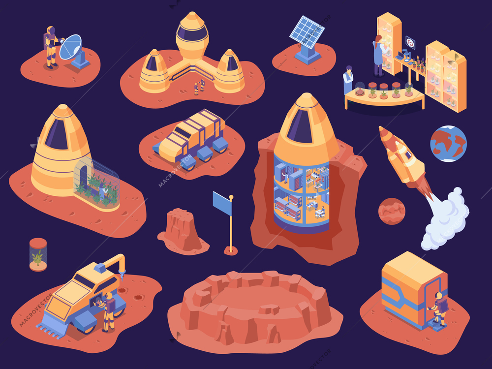 Isometric mars colonization color icon set scientists with discovery mission rockets and astronaut vector illustration