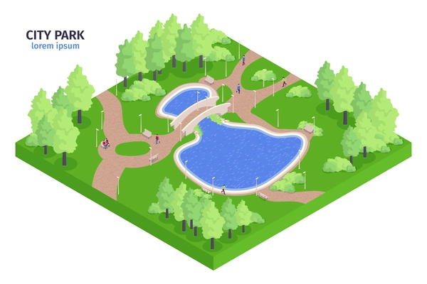 Isometric city park composition with forest river and benches a place where you can walk vector illustration