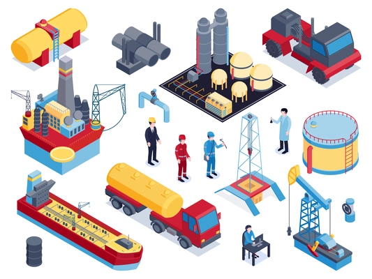 Isometric petroleum industry icon set with tools and equipment for oil production derricks machines workers vector illustration
